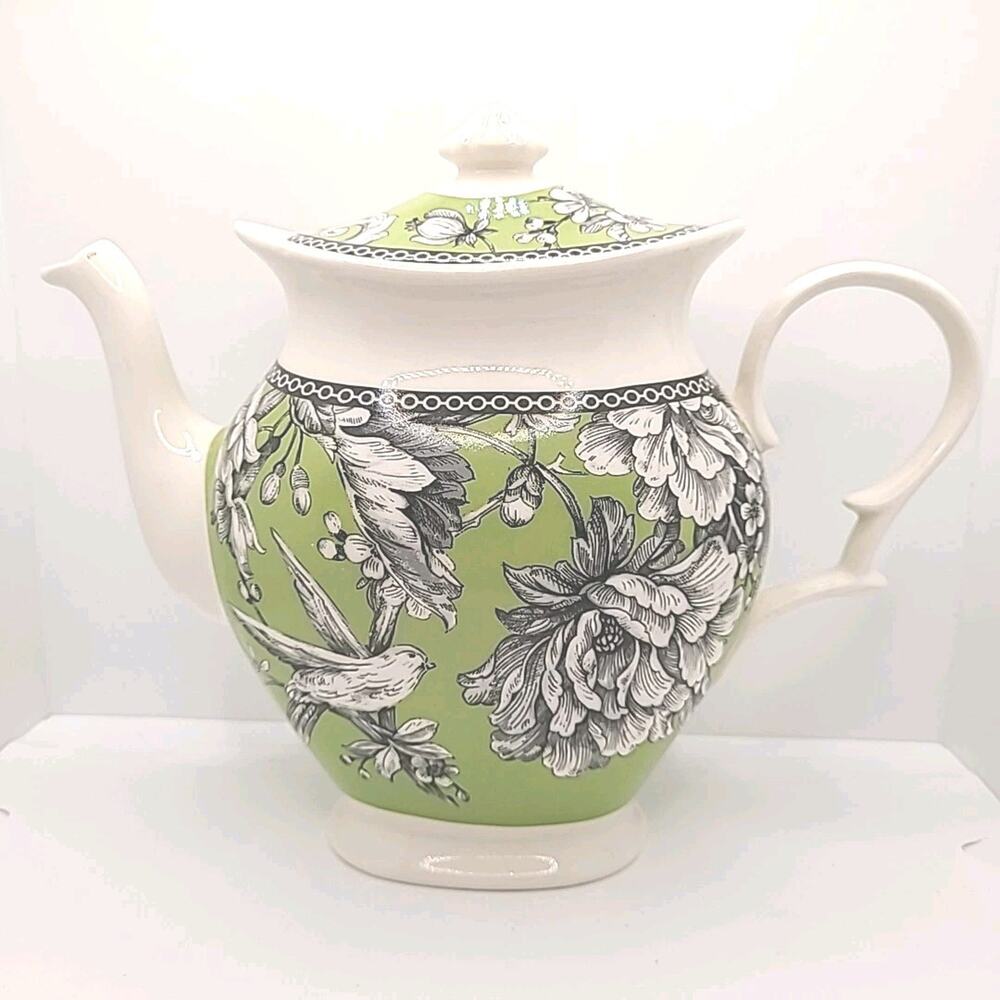 222 Fifth ADELAIDE Green And White Pattern Tall Tea Pot Lid Floral Bird